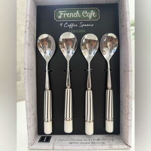 New! 🇫🇷LIMITED EDITION French Cafe Stainless Steel Ceramic Coffee Spoons 4-pc 🇫🇷